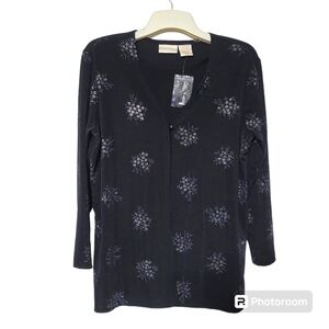 Christie And Jill Black Floral Double Layer Single Button Overlay Blouse Large